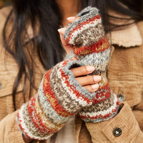 Women's Fair Isle Handwarmers - Hand Knitted Gloves - Cosy Fingerless Gloves - Fairisle Design - Warm Wool Wristwarmers - Pachamama