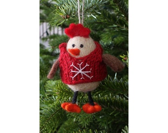 Décoration de Noël Mrs Funky Chicken feutrée à la main, 100% laine, décoration d'arbre à suspendre, commerce équitable, motif animal mignon