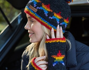 Women's Rainbow Star Bobble Beanie - Charcoal Knitted Rainbow Headband - Warm Woolly Gloves - Rainbow Star Motif - Pachamama