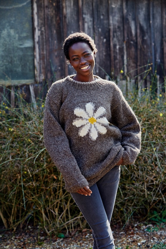 100 Wool Daisy Jumper Hand Knitted Sweater Flower Motif Women s Natural Pullover Ethical Clothing Pachamama Etsy UK
