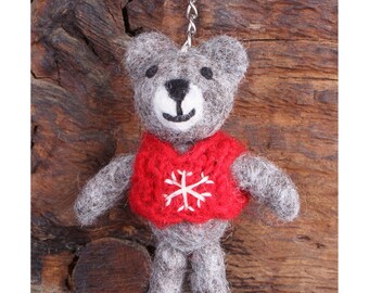 Felt Winter Bear Keyring, Hand Felted Teddy Keychain, Cute Animal Handbag Charm, 100% Wool, Handmade Unique Quirky Gift, Fair Trade Present