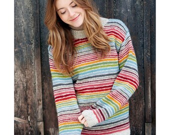 Women's Rainbow Stripe Hand Knitted Jumper, 100% Wool Unlined Grandad Sweater, Retro Bright Colourful Stripes, Fair Trade Oversized Pullover