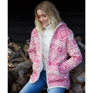 Women's Zip Hoody - 100% Wool - Snowy Pattern - Rose Pink - Fair Trade - Sustainable Fashion - Pachamama