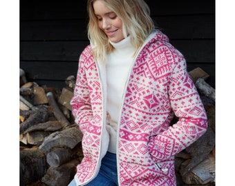 Women's Zip Hoody - 100% Wool - Snowy Pattern - Rose Pink - Fair Trade - Sustainable Fashion - Pachamama