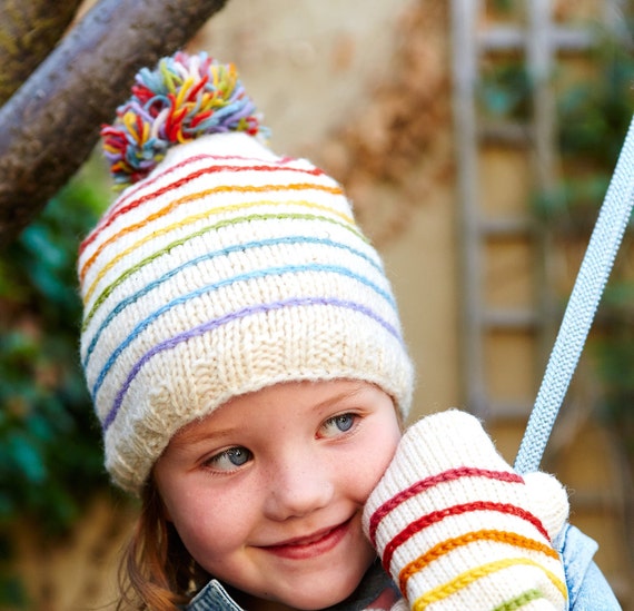 Kid's Rainbow Cream Wool Bobble Beanie 