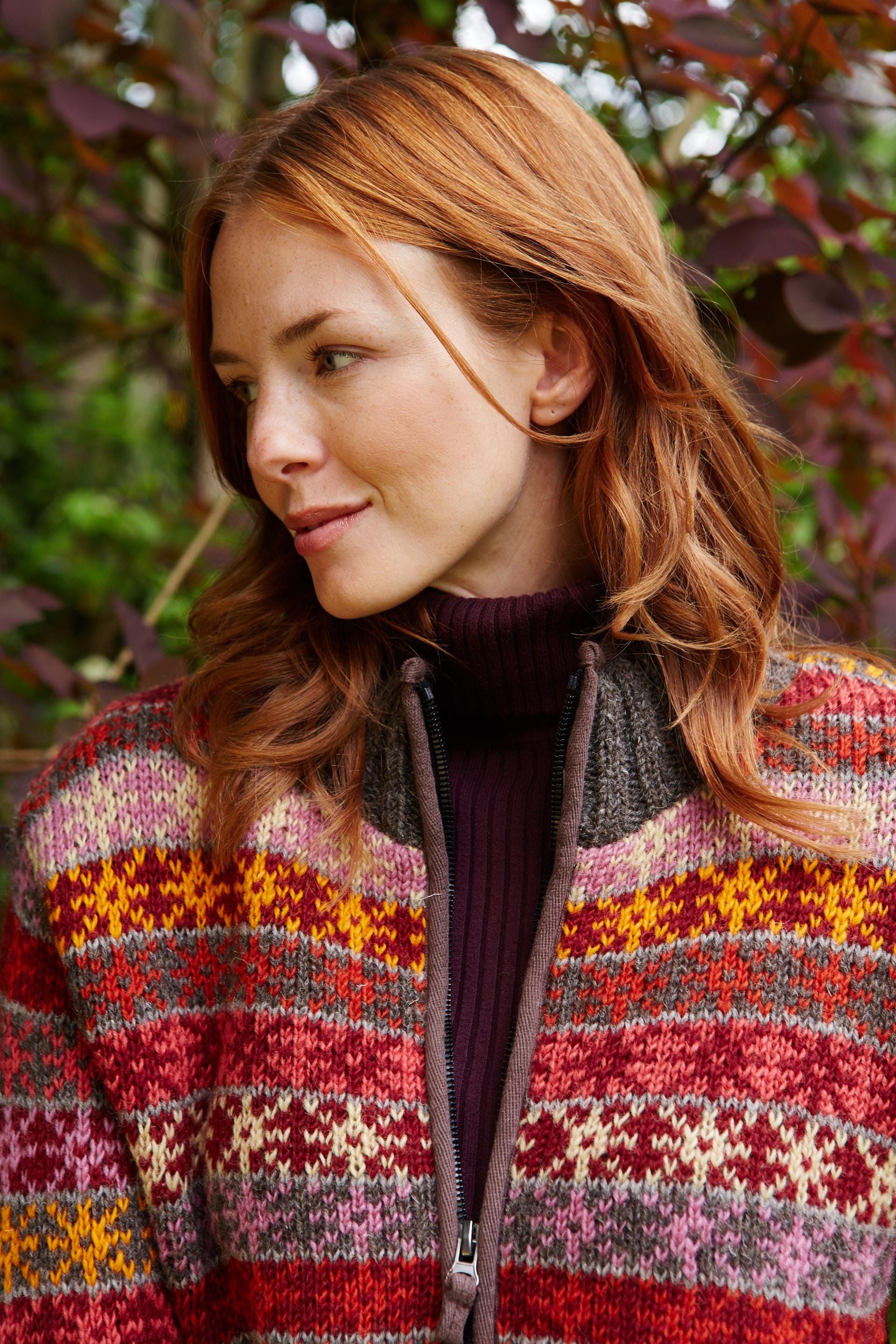 Women's Hand Knitted Fleece Lined Zip Jacket, 100% Wool
