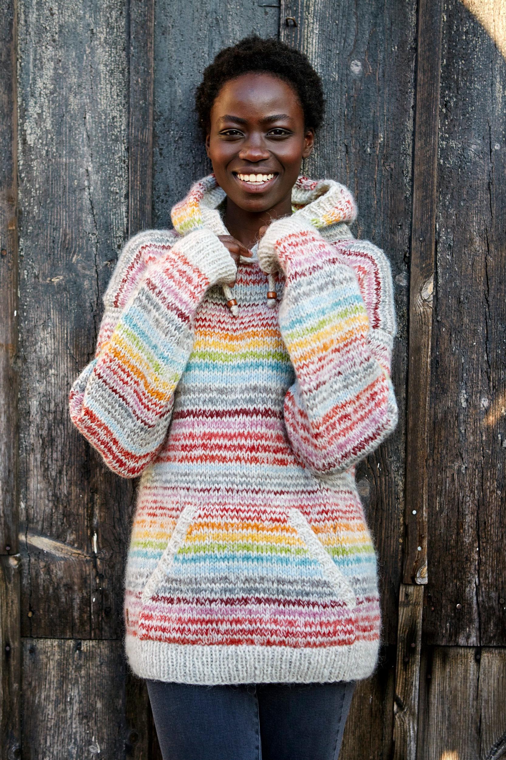 Women's Wool Hoody - Mohair Hoody - Rainbow Design - Knitted