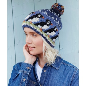 Women&#39;s Knitted Puffin Bobble Beanie - Puffin Beanie - Puffin Gloves - Puffin Headband - 100% Wool - Animal Beanie - Knit Gloves - Pachamama
