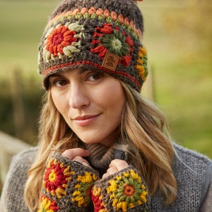 Womens Hand Crochet Bobble Beanie - 100% Wool Handwarmers - Earth Tone Headband - Granny Square - Retro - Fair Trade - Pachamama