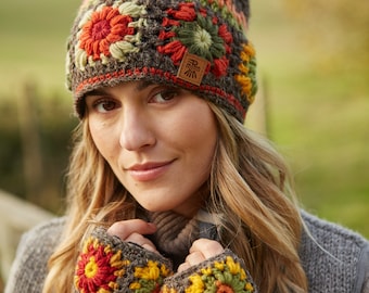 Womens Hand Crochet Bobble Beanie - 100% Wool Handwarmers - Earth Tone Headband - Granny Square - Retro - Fair Trade - Pachamama