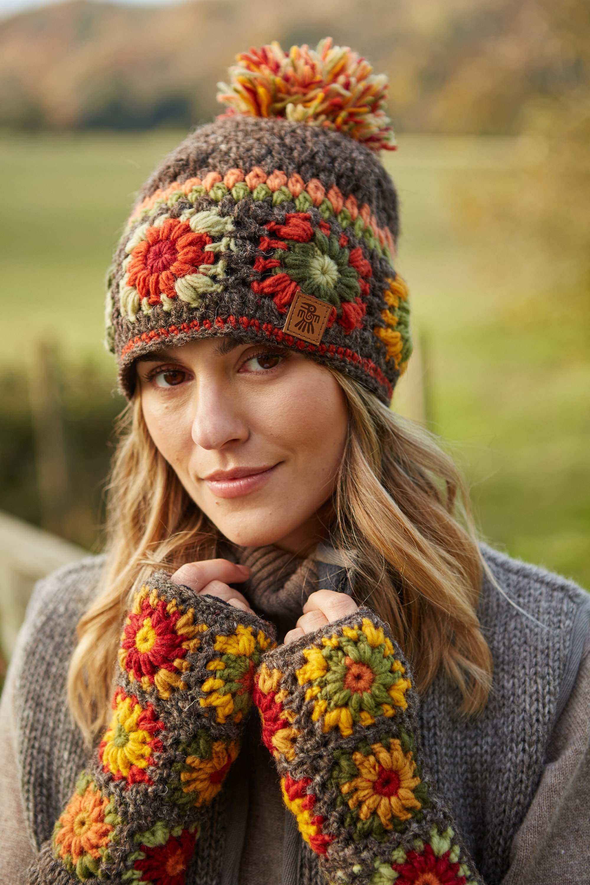 Womens Crocheted Bobble Beanie - Granny Square Crochet