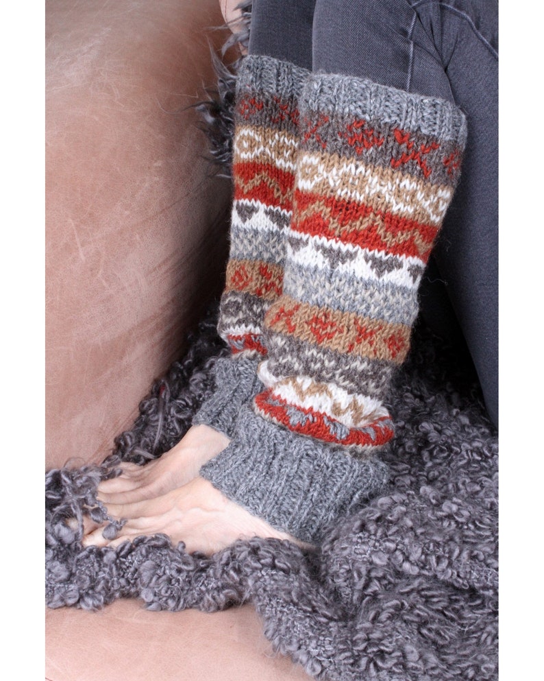 Women's Knitted Wool Legwarmers Fair Isle Legwarmers Knitted Legwarmers 100% Wool Handmade Unlined Pachamama Grey Regular