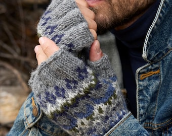 Men's Fair Isle Fingerless Gloves - Knit Gloves - Aztec Pattern - Men's Knitted Gloves - 100% Wool - Fair Trade - Pachamama