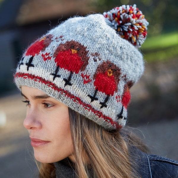 Women's Robin Hat - Christmas Knitted Headband - Xmas Handwarmers - Robin Sofa Socks - Festive Beanie - 100% Wool - Pachamama