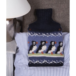 Handmade Circus of Puffins Hot Water Bottle, 100% Wool, Fair Trade, Includes 2L Hot Water Bottle, Cosy Winter Warmer, Sea Bird Design, Blue