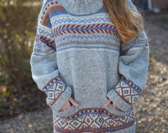 Women's Hand Knitted Fair Isle Jumper, 100% Wool Sweater, Comfy Oversized, Fair Trade, Oatmeal Chunky Relaxed, Warm & Cosy, Retro