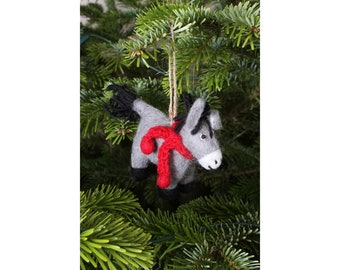 Décoration de Noël âne feutrée à la main, 100 % laine, décoration d'arbre suspendue, commerce équitable, animal mignon