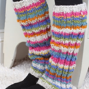 Women&#39;s Stripy Leg Warmers - Striped Legwarmers - Knitted Gaiters - Bright Stripe Bootcuffs - Retro Legwarmers - 100% Wool - Pachamama