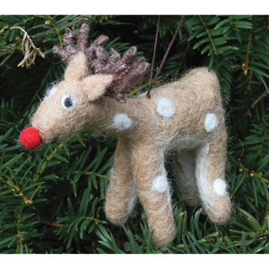 Handgefilzte Rudolph Weihnachtsdekoration, 100% Wolle, Rentier, hängende Baumschmuck, Fair Trade, niedliches Tierdesign