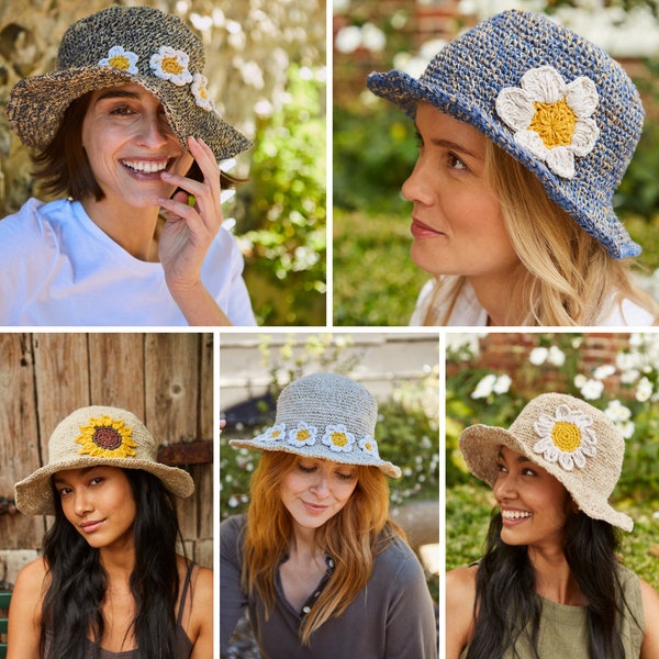 Chapeau d'été en chanvre et coton pour femme - Chapeau marguerite - Chapeau de tournesol - Visière métallique réglable - Bob - Chapeau de soleil au crochet - Pachamama