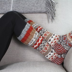 Women's Knitted Long Socks Fair Isle Sofa Socks 100% Wool Fair Trade Cosy Loungewear Socks Handmade in Nepal Pachamama image 10