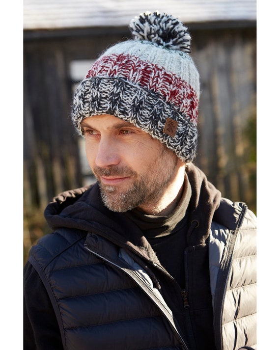 Bonnet à pompon tricoté à la main pour hommes, 100% laine