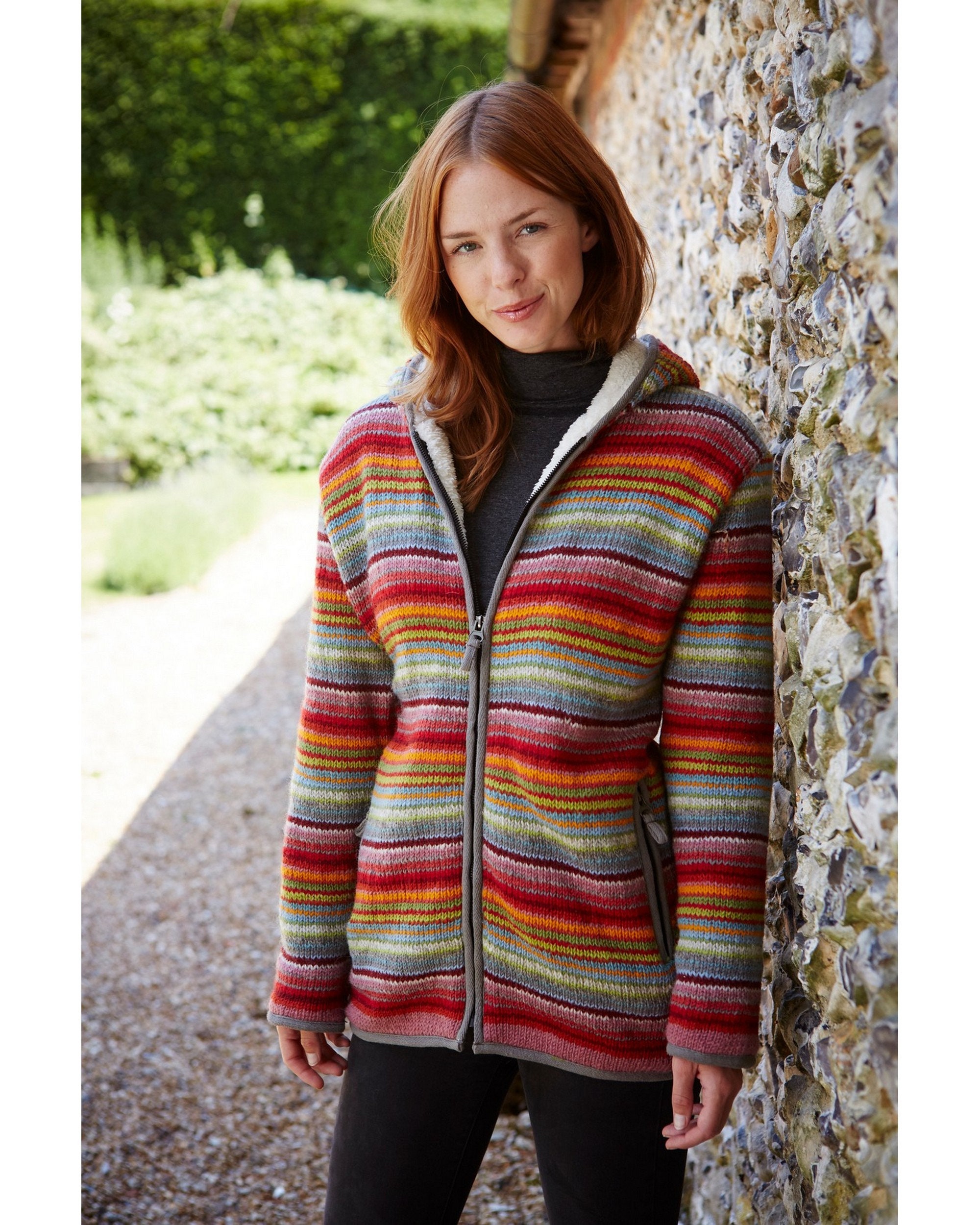 【SATIIIZ】Fedon Stripe Warmer Knit Hood Zip-up Women's Handmade Sunrise Stripe Zip Hoody, 100% Wool, Super