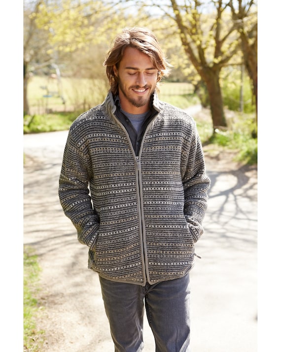 Men's Hand Knitted Jacket, 100% Wool, Fleece Lined, Natural
