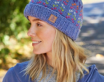 Pastel Heart Bobble Beanie - Fair Isle Handwarmers - Blue Knitted Headband - Fair Trade - Knitted Accessories - Fleece Lined - Pachamama