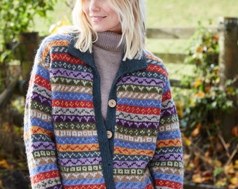 Women's Hand Knitted Cardigan - Shawl Collar - 100% Wool - Fair Isle -  Ethical Clothing - Pachamama - Natural Colours