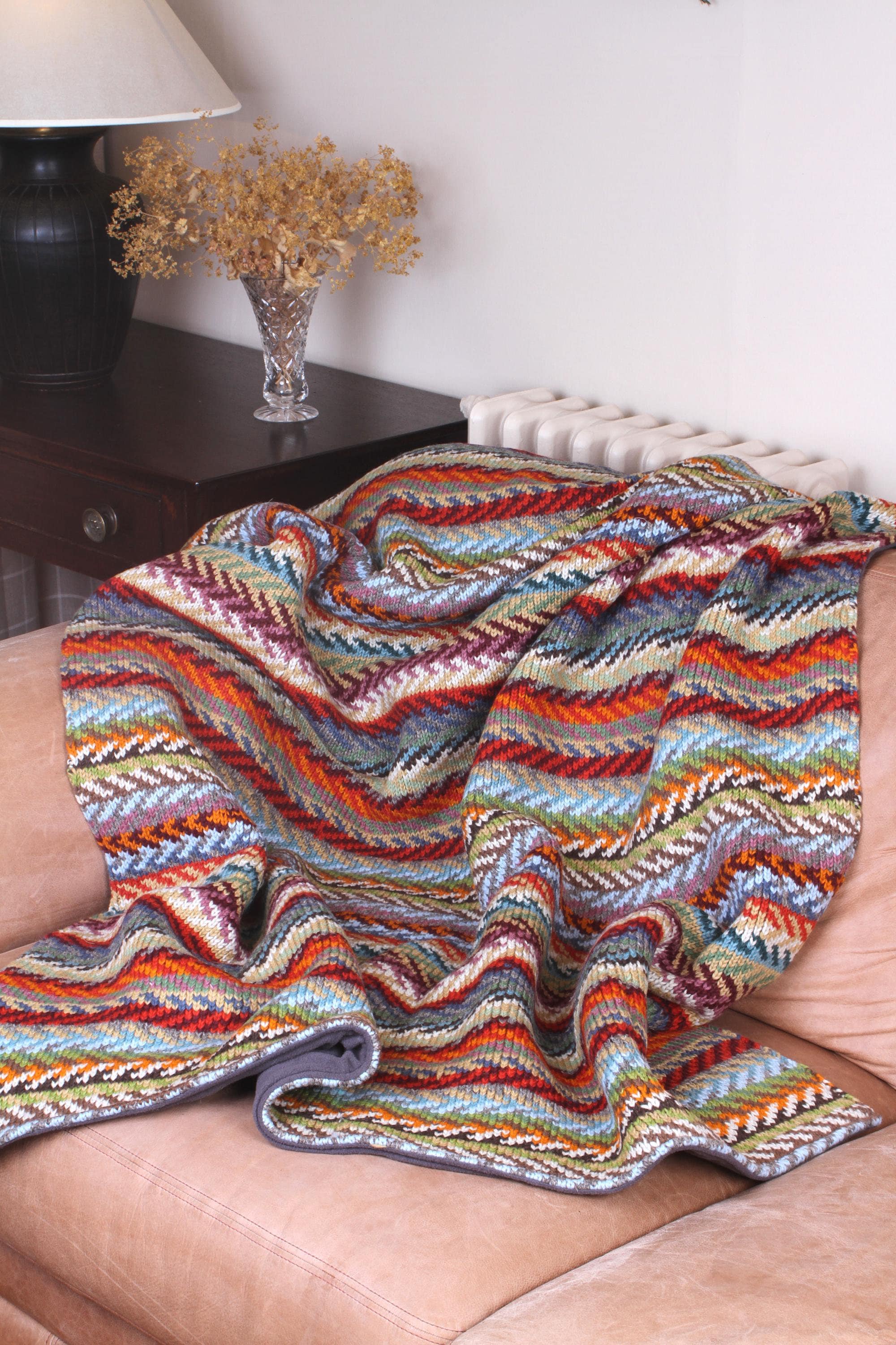 Knitted Throw - Stripy Blanket - Chevron Throw - 100% Wool Blanket - Knitted Cosy Wrap - Rainbow Knitted Blanket - Fleece Lined - Pachamama