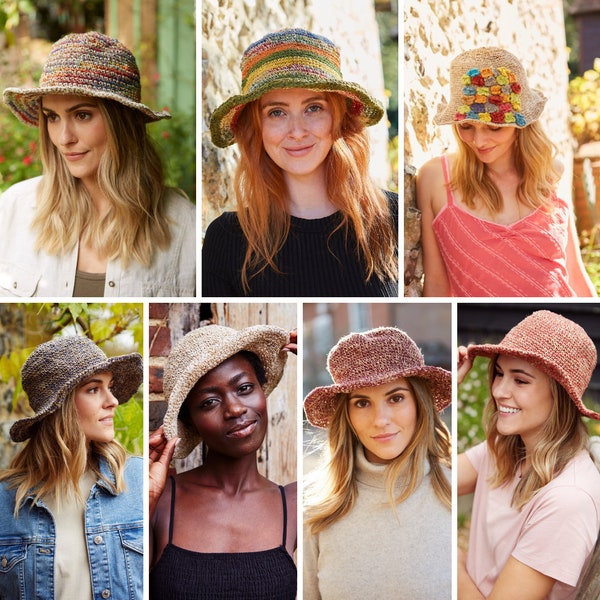 Sombrero de verano de cáñamo y algodón para mujer - Ala de alambre ajustable - Sombrero de cubo - Sombrero de sol de ganchillo a mano - Raya arco iris - Flor de aplique