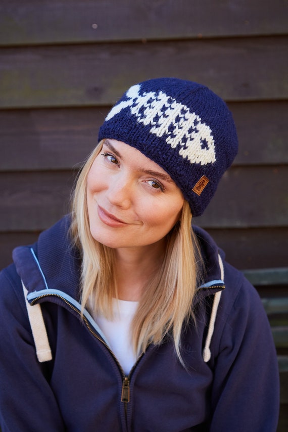 Women's Fish Knitted Beanie Hat - Navy Handwarmers - Blue Knit Headband - Retro Sea Life Theme - Fair Trade - Pachamama