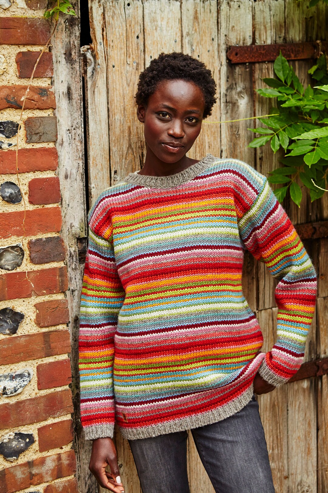 Women's Multi Coloured Sweater Hand Knitted Wool Pullover Jumper Relaxed  Fit Bright Sunrise Stripes Fair Trade Pachamama -  Sweden