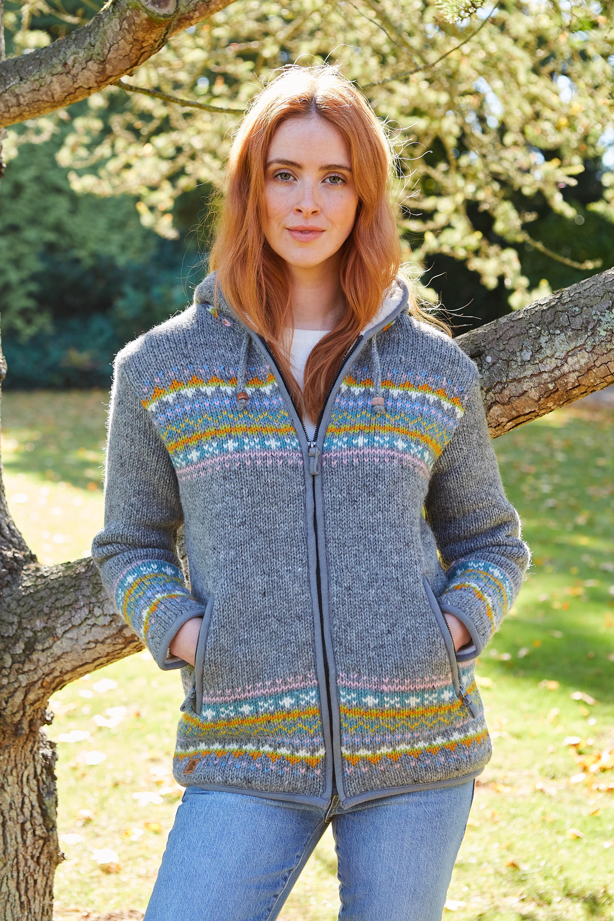 Pachamama Maglione da donna lavorato a mano Fair Isle colori naturali fatto a mano spesso caldo pullover maglione commercio equo e solidale, Grigio, M