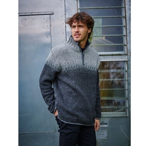 Men&#39;s Heidelberg Half Zip Sweater, 100% Wool Hand Made. Gradient Grey Colours. 1ply Wool. Fully Fleece Lined. Men&#39;s Jumper.
