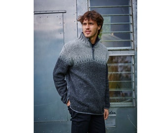 Men's Heidelberg Half Zip Sweater, 100% Wool Hand Made. Gradient Grey Colours. 1ply Wool. Fully Fleece Lined. Men's Jumper.