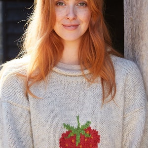 Strawberry Knitted Sweater Spring Jumper Fruit Motif 100% Wool Handknit Oversized Knit Pullover Fair Trade Pachamama image 4