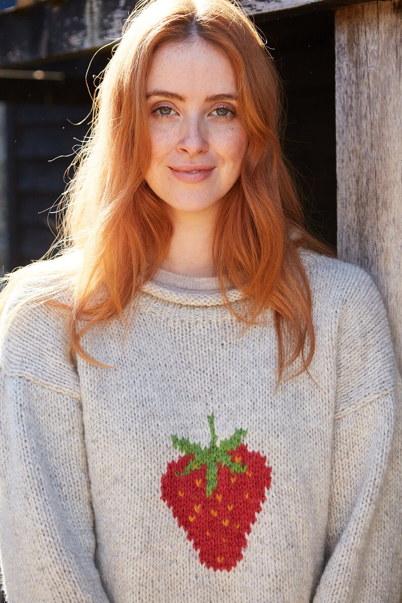 Strawberry Knitted Sweater Spring Jumper Fruit Motif 100% Wool Handknit Oversized Knit Pullover Fair Trade Pachamama image 4