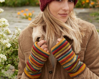 Knitted Striped Beanie Hat Unisex - Fingerless Gloves - Headband - 100% Wool - Fleece Lined - Fair Trade - Ethical Gifting - Pachamama