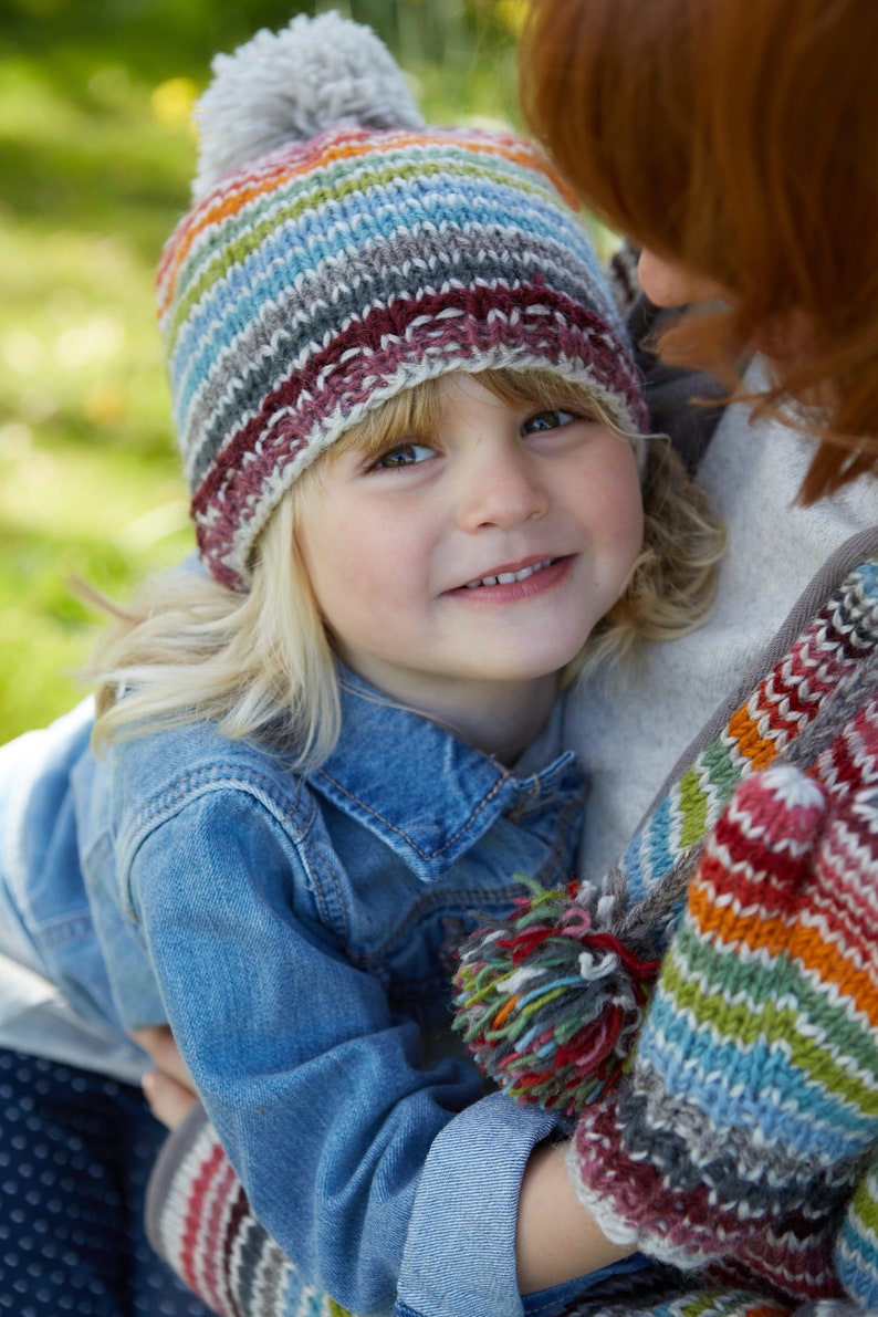 Kid's Rainbow Wool Bobble Beanie Hat Children's Multicoloured Mittens 100% Wool Headband Fleece Lined Fair Trade Pachamama image 7