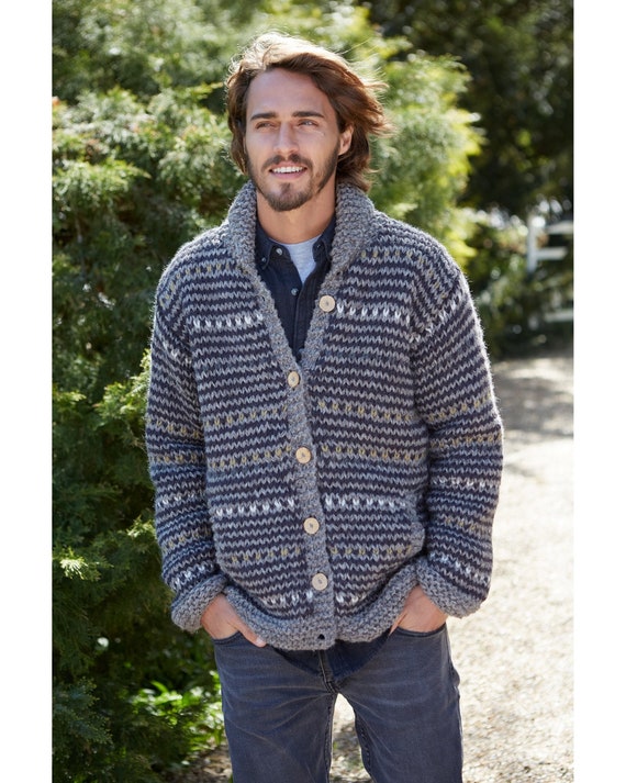 Men s Hand Knitted Chunky Cardigan 100 Wool Unlined Natural Neutral Subtle Stripes Bark Colour Cardi Coconut Shell Buttons Fair Trade Etsy Sweden