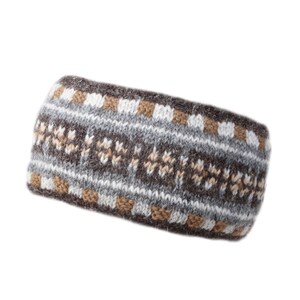 May include: A brown, gray, and beige knitted headband with a geometric pattern.