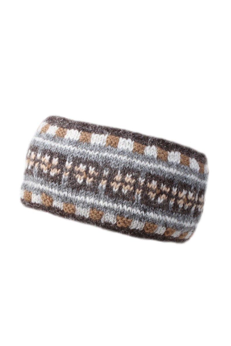 May include: A brown, gray, and beige knitted headband with a geometric pattern.