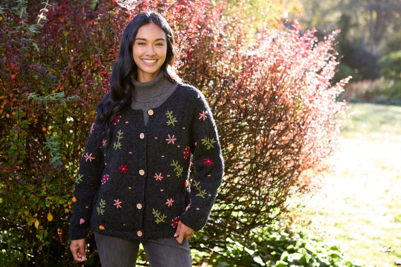 Women's Knitted Floral Cardigan - Bright Flower Embroidered Cardi - Embroidery - Sustainable Clothing Fairly Traded - Pachamama image 1