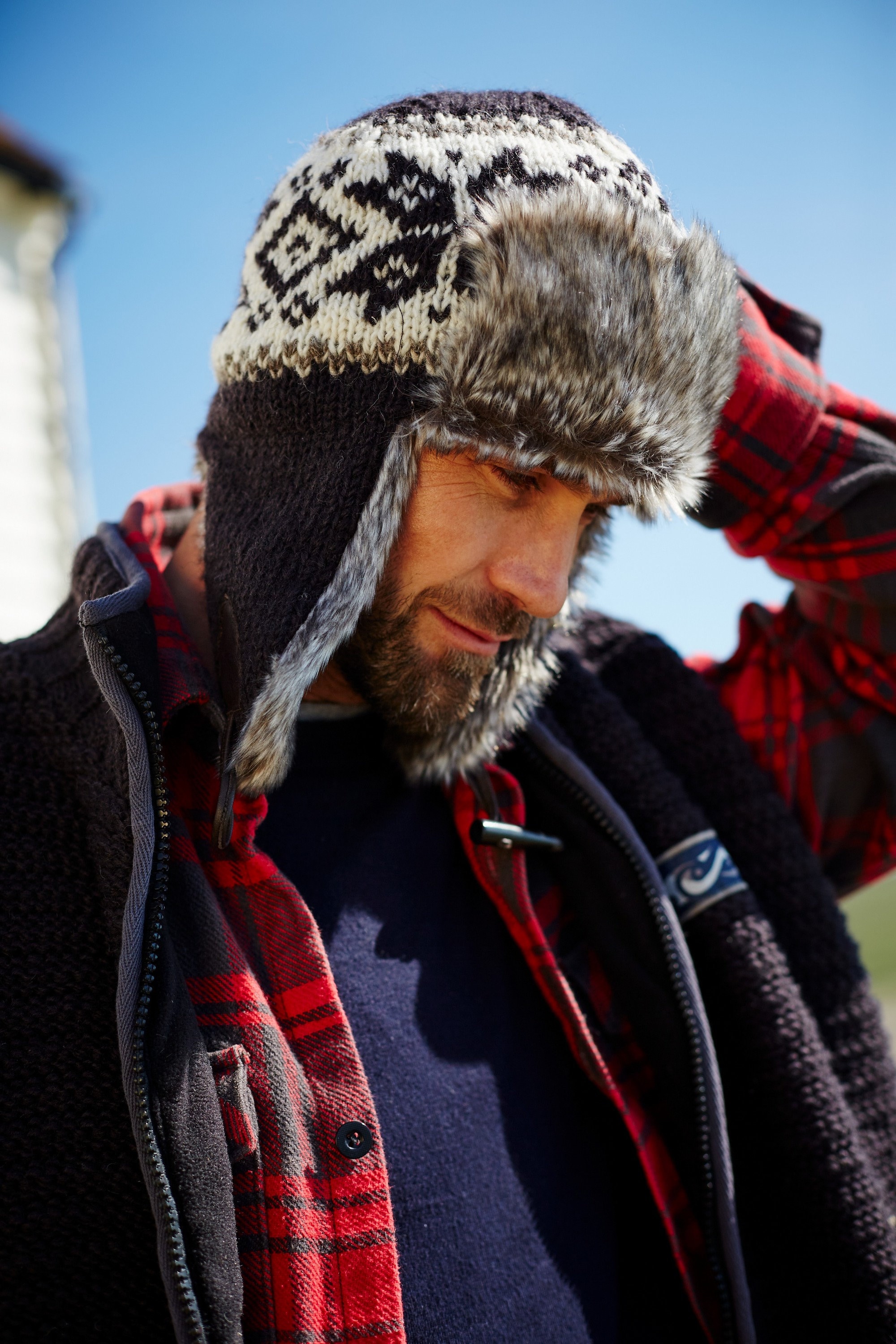 Men's Knitted Fair Isle Trapper Hat - 100% Wool & Faux Fur Lined