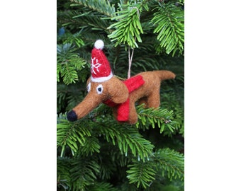 Décoration de Noël de chien de saucisse feutrée à la main, 100% laine, ornement d'arbre suspendu de chiot, commerce équitable, conception animale mignonne