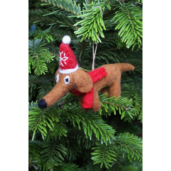 Hand Felted Sausage Dog Christmas Decoration, 100% Wool, Puppy Hanging Tree Ornament, Fair Trade, Cute Animal Design