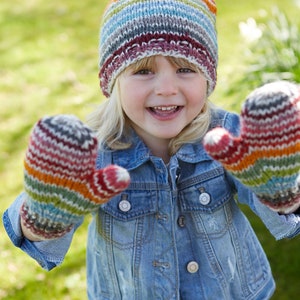 Kid&#39;s Rainbow Wool Bobble Beanie Hat - Children&#39;s Multicoloured Mittens - 100% Wool Headband -  Fleece Lined - Fair Trade - Pachamama