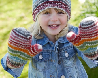 Kid's Rainbow Wool Bobble Beanie Hat - Children's Multicoloured Mittens - 100% Wool Headband -  Fleece Lined - Fair Trade - Pachamama